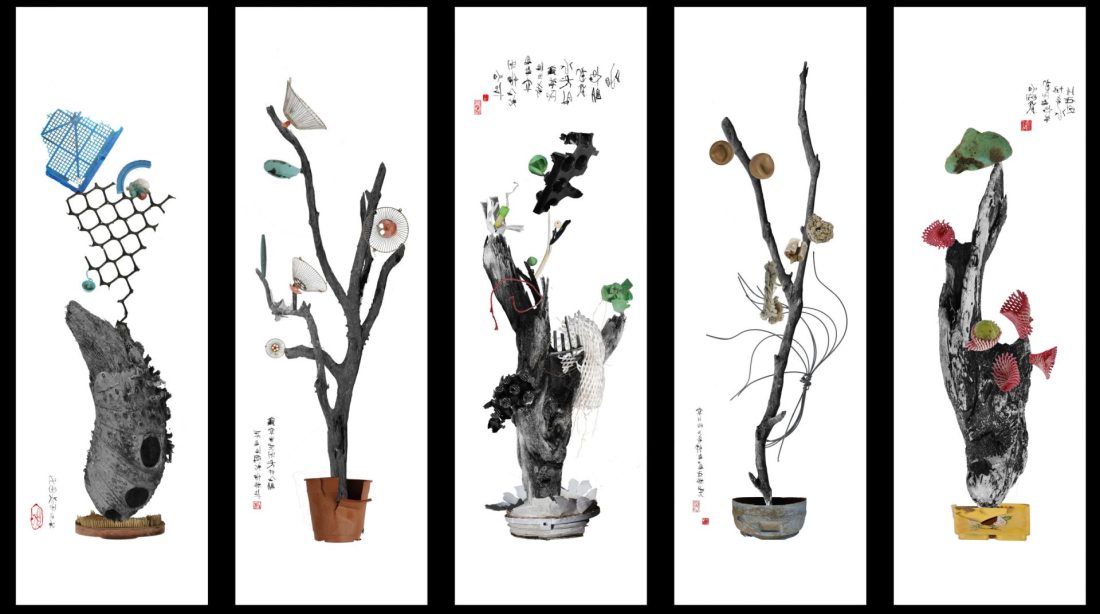 黃元煜Huang,Yuan-Yu蒐集海邊的家用垃圾及漂流木，利用數位拚貼手法，形塑成花卉盆栽的數位影像。